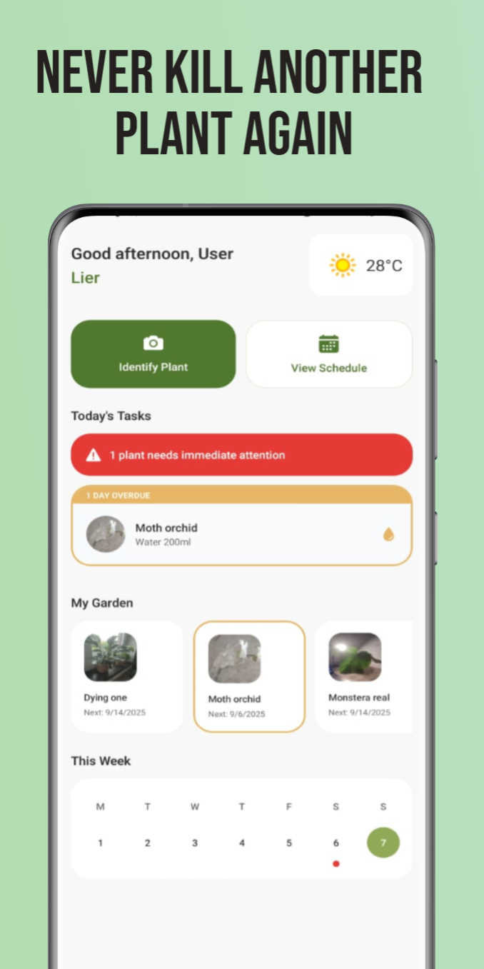 Bloomer plant care app screenshot 1 showing AI plant identification and watering schedule features